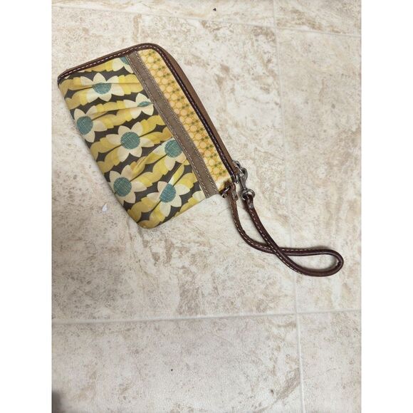 Fossil Coated Canvas Leather Flowered Sunflower Zip Wristlet Pouch Wallet‎ - Picture 2 of 3